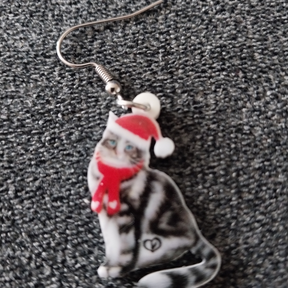 Cute Christmas  Cat Earrings  Made from 3d Printer. Acrylic.